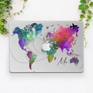 Carte aquarelle étui Macbook Nom de l'étui Macbook Cadeau personnalisé Étui d'art de voyage Étui Macbook Étui d'art avion transparent Étui rigide personnalisé Initiales