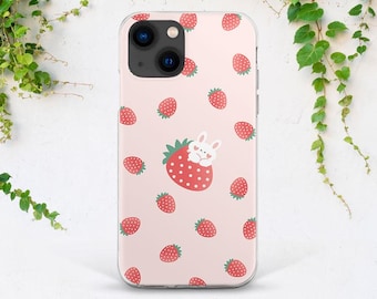 Funny white rabbit Summer berries art iPhone case strawberry iPhone case Easter iPhone case animal iPhone case bunny Spring art case Kawaii
