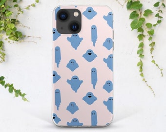 Funny ghost art iPhone light pink case Halloween decor iPhone case fun Cute Kawaii art case Simple Creepy case Blue print Halloween gift