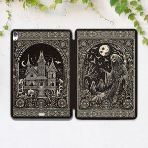 May include: A black and white illustrated iPad case with a spooky design. One side features a haunted house with a crescent moon and stars. The other side features a skeletal figure with a scythe and three ghosts.