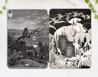 Gothic birds print iPad case cemetery iPad case owl Black magic Occult Black Gray case Full moon Nature Pro 11 13 Air 13 Mini 7 6 10 2 12 9