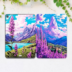Fioletowe kwiaty sztuka etui na iPada natura góry nadruk inspirująca sztuka etui na iPada niebo niebieski fioletowy nadruk etui na iPada 10 2 etui na iPada 10 9 iPada mini 6