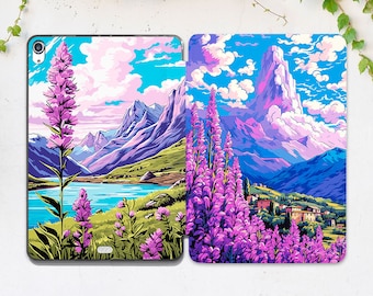 Flores púrpuras arte iPad caso naturaleza Montañas impresión Arte inspirador iPad caso cielo Azul Violeta impresión iPad 10 2 caso iPad 10 9 iPad mini 6