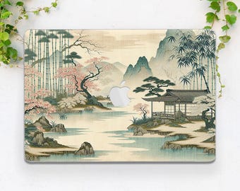 Funda para MacBook con diseño de naturaleza estética, funda rígida con diseño de árbol bonsái japonés, funda beige con diseño de flor de Sakura para MacBook Pro 16 M5 Pro 14 Air 15 Air 13
