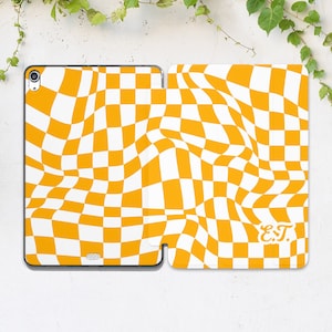 Orange checkered print iPad case initials Personalized case iPad case custom Trendy cover Trippy art case White art case Monogram print case