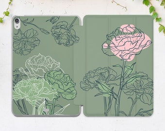 Art roses roses, étui vert sauge pour iPad, support à rabat, étui pour iPad, étui art floral botanique, art esthétique, source d'inspiration, étui intelligent pour iPad, étui artistique mignon