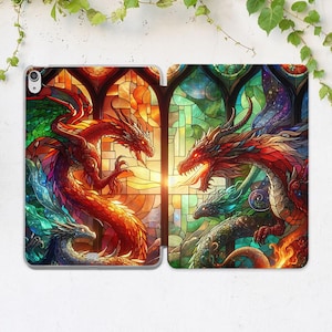 May include: A stained glass style illustration of four dragons, two red and two blue, facing each other in a fiery confrontation. The dragons are depicted in a vibrant, colorful style with intricate details.