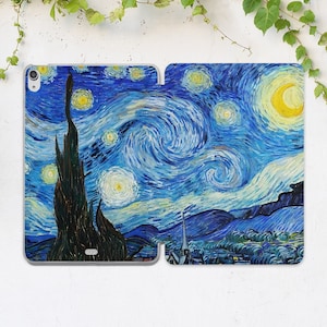 May include: A phone case featuring a blue and white starry night painting. The painting is a reproduction of Vincent van Gogh's famous artwork.