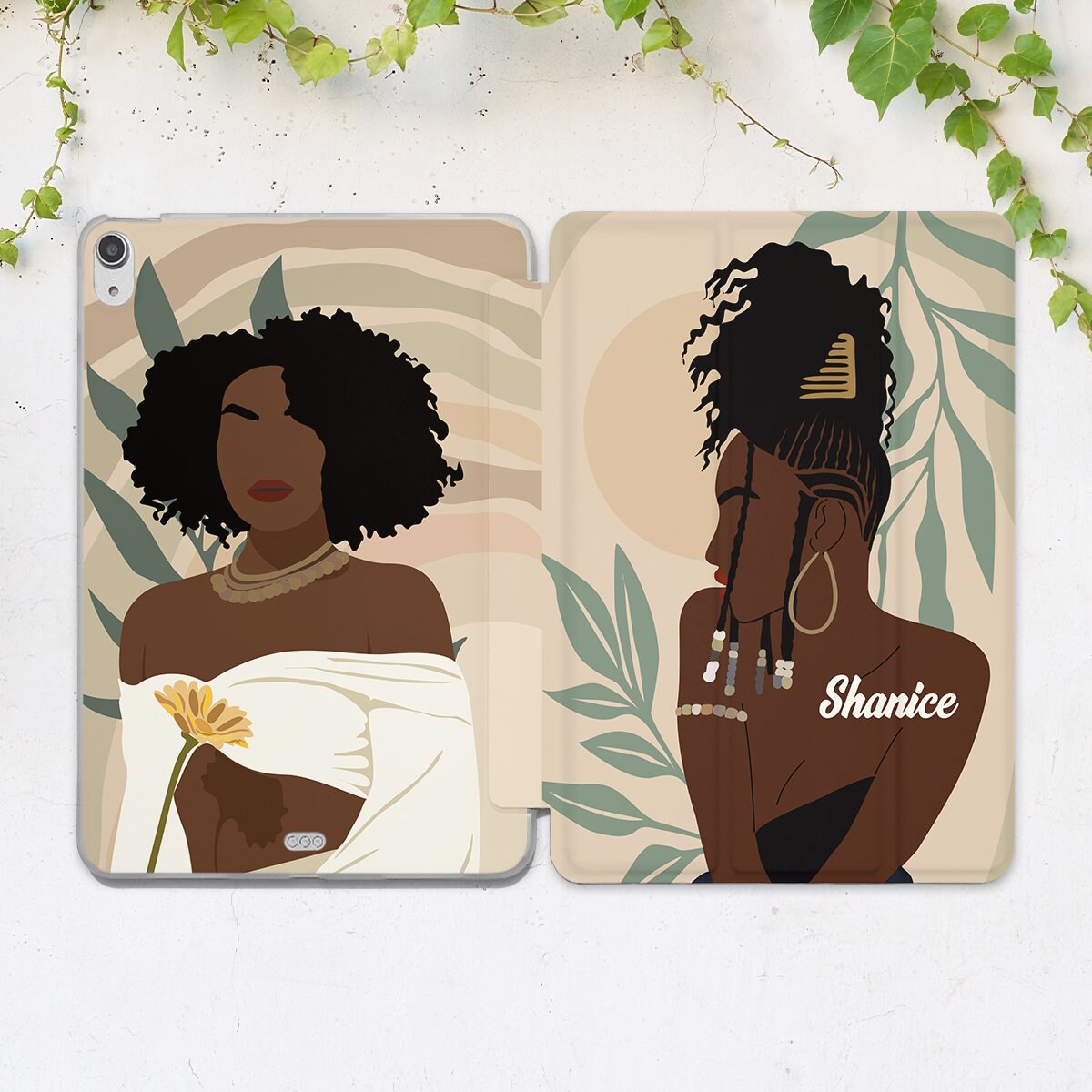 Elegant black girl iPad case name iPad case woman Tropical leaves case iPad smart case iPad Summer botanical art Nude colors Aesthetic art