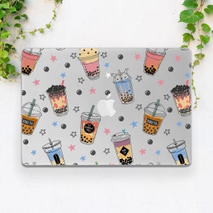 May include: A laptop skin with a gray background and a repeating pattern of colorful bubble tea cups with tapioca pearls, stars, and black dots. The text "Bubble Tea" appears on some of the cups.
