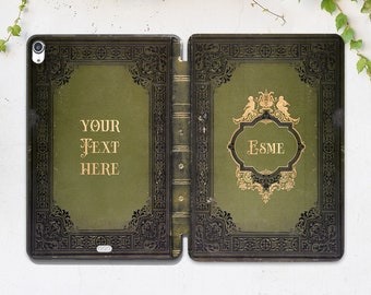Stampa di un libro vintage Custodia verde oliva Custodia per iPad personalizzata Nome sulla custodia dell'iPad Custodia con testo personalizzato Sembra un libro Personalizzato Air 13 Pro 13 Mini 7 11a generazione