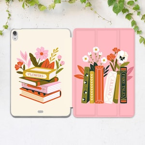 May include: A pink and white tablet case with a floral design. The case features a stack of books with titles "Flowers", "Poetry", and "Fairy Tales".