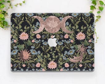 Moon phases art Macbook floral art Botanical design Green leaves Blue Pink flowers Aesthetic Pro 14 M5 Pro 16 Pro 13 Air 13 Air 15 2026
