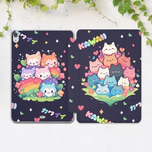 iPad case kawaii Cute cartoon cats iPad dark blue iPad case animals iPad case kids Tiny hearts art iPad Pro case iPad case todler iPad Air 5
