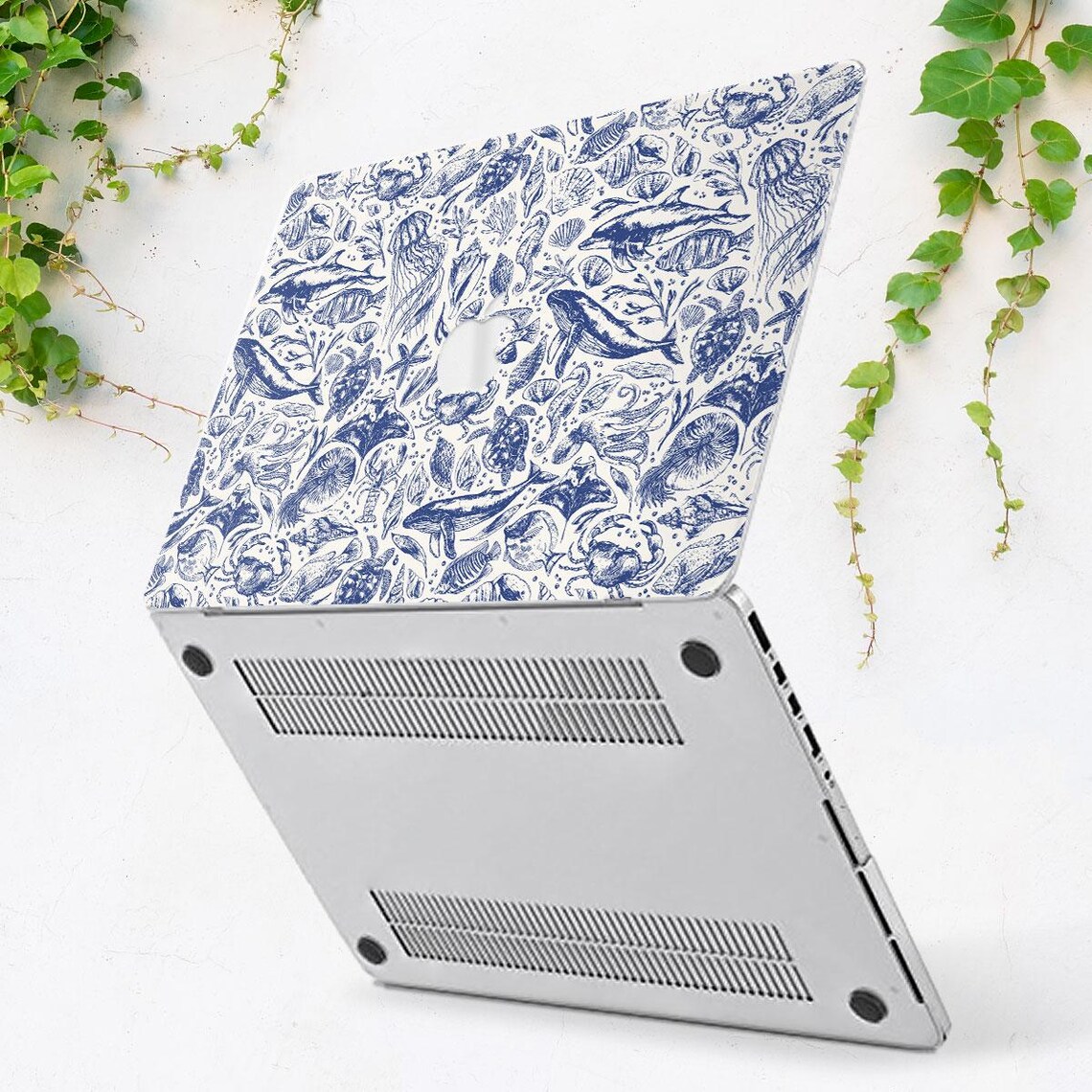 Aesthetic Ocean Animals Blue White MacBook Case Fish Whale Dolphin ...