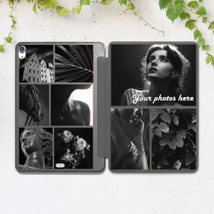 May include: A black and white collage of images, including a building, a palm leaf, a horse, a woman's shoulder, a woman's face, a rose, a woman's hand, and leaves. The text "Your photos here" is in the center of the collage.