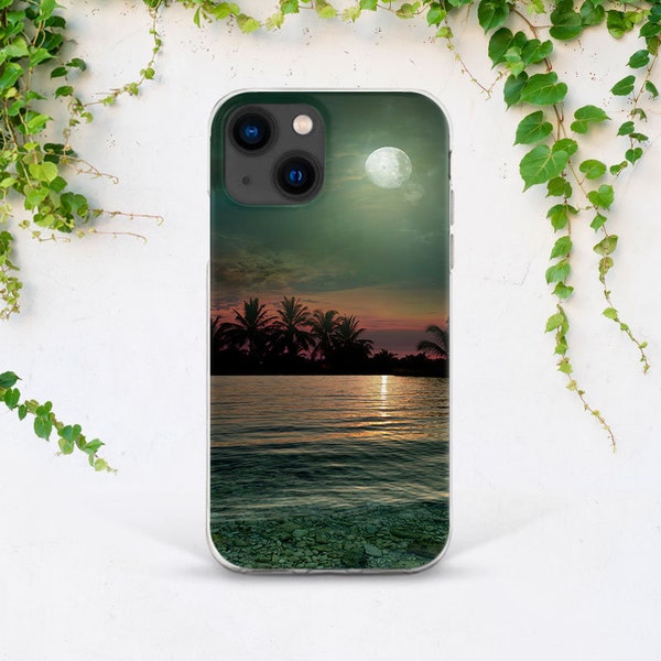 Night nature iPhone case summer Palm tree print iPhone case moon Phone case ocean iPhone case sky Inspirational iPhone 15 Plus iPhone 14