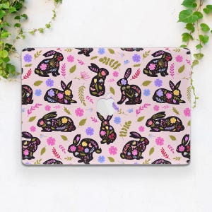 Black bunny case Macbook case floral Botanical art case Macbook case rabbit Macbook case Easter Macbook hard case Spring flowers case Animal