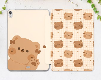 Kawaii bear print iPad case beige Cute animal art iPad case kids Funny cartoon art iPad flip stand iPad Pro iPad 10th gen iPad mini 6 Air