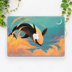 May include: A black and white orca whale leaps through the air, surrounded by orange and yellow clouds. The background is a blue sky with shooting stars and a crescent moon.