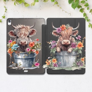Wild cow print iPad case cute iPad case animal Wild flowers print Cottage core Floral Botanical Cute animal Smart case Flip stand Kawaii