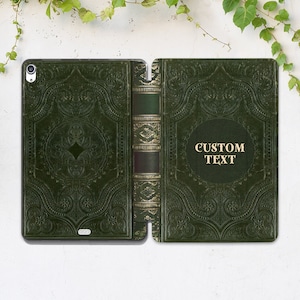 May include: A green leather iPad case with a gold embossed design and the text "CUSTOM TEXT" on the back.