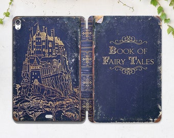 Fairy Tales book print iPad case blue Vintage book print Magic castle iPad case simple Dark blue Looks like book iPad case kids Case stand