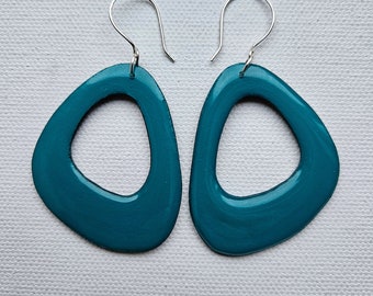 Modern Earrings, Teal, Midcentury Style, Dangle Hoop Earrings, Cut Out, Upcycled, Vinyl Record Earrings