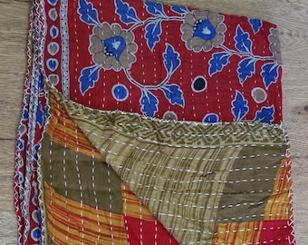 Vintage Kantha Quilt Reversible Handmade Embroidered Cotton Bedspread Boho Throw Blanket