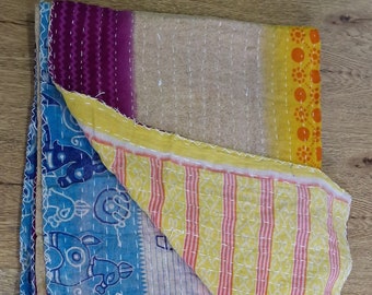 Vintage Kantha Quilt Reversible Handmade Cotton Bedspread Boho Throw Blanket 55x85 inch