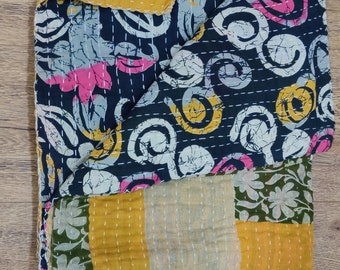 Vintage Kantha Quilt Reversible Handmade Cotton Bedspread Boho Throw Blanket 55x85 Inch