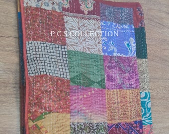 Bohemian Patchwork Quilt: Vintage Patola Silk Kantha Throw