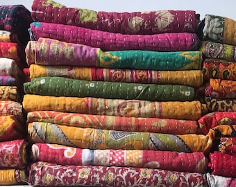 Vintage Kantha Quilt Reversible Handmade Boho Throw Bedspread Blanket Cotton Gudari Embroidered Bedding