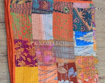 Bohemian Patchwork Quilt: Vintage Patola Silk Kantha Throw