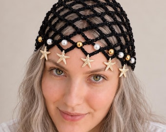 Black Crochet Headpiece, Gold Star Boho Hair Scarf, Pearl Beaded Festival Head Cover, Handmade Bridal Beach Hair Accessory
