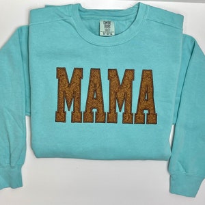 Mama Western Applique Embroidered Comfort Colors Chalky Mint Crew Neck Sweater