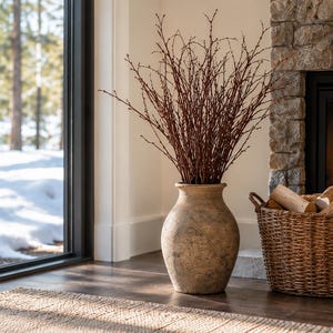 May include: A large, round, textured beige ceramic vase with a wide base and narrow neck, filled with a tall arrangement of thin, bare brown branches. The vase has a weathered, mottled surface finish and sits upright on a flat floor surface.