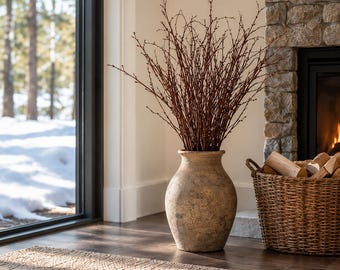 Könnte beinhalten: Eine große, runde, texturierte beige Keramikvase mit breitem Boden und engem Hals, gefüllt mit einem hohen Arrangement aus dünnen, kahlen braunen Zweigen. Die Vase hat eine verwitterte, gesprenkelte Oberfläche und steht aufrecht.