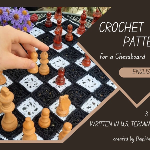 Crochet pattern (digital PDF) for a handmade chessboard made of grannysquares created by Delphinesworks