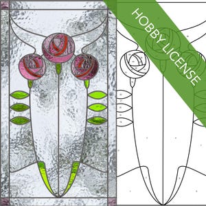 May include: A stained glass pattern featuring three pink roses with green leaves. The pattern is numbered for a stained glass project.