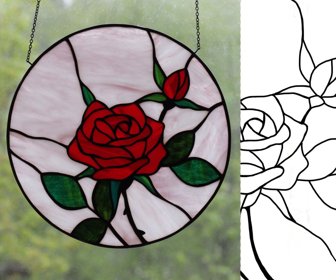 Rose Digital PDF Pattern Stained Glass, Round Glass Window Decor