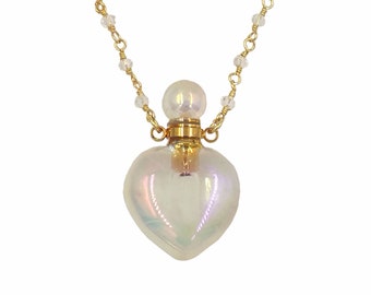 Amazing Gorgeous Spirit crystal quartz stone Aura Heart perfume bottle necklace with 18 inch natural clear crystal beads chain