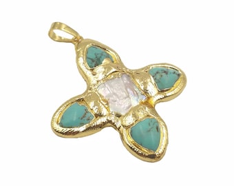 WT-JP216 Amazing design tur quoise and pearl cross pendant fashion gold electroplated pearl cross women pendant for necklace