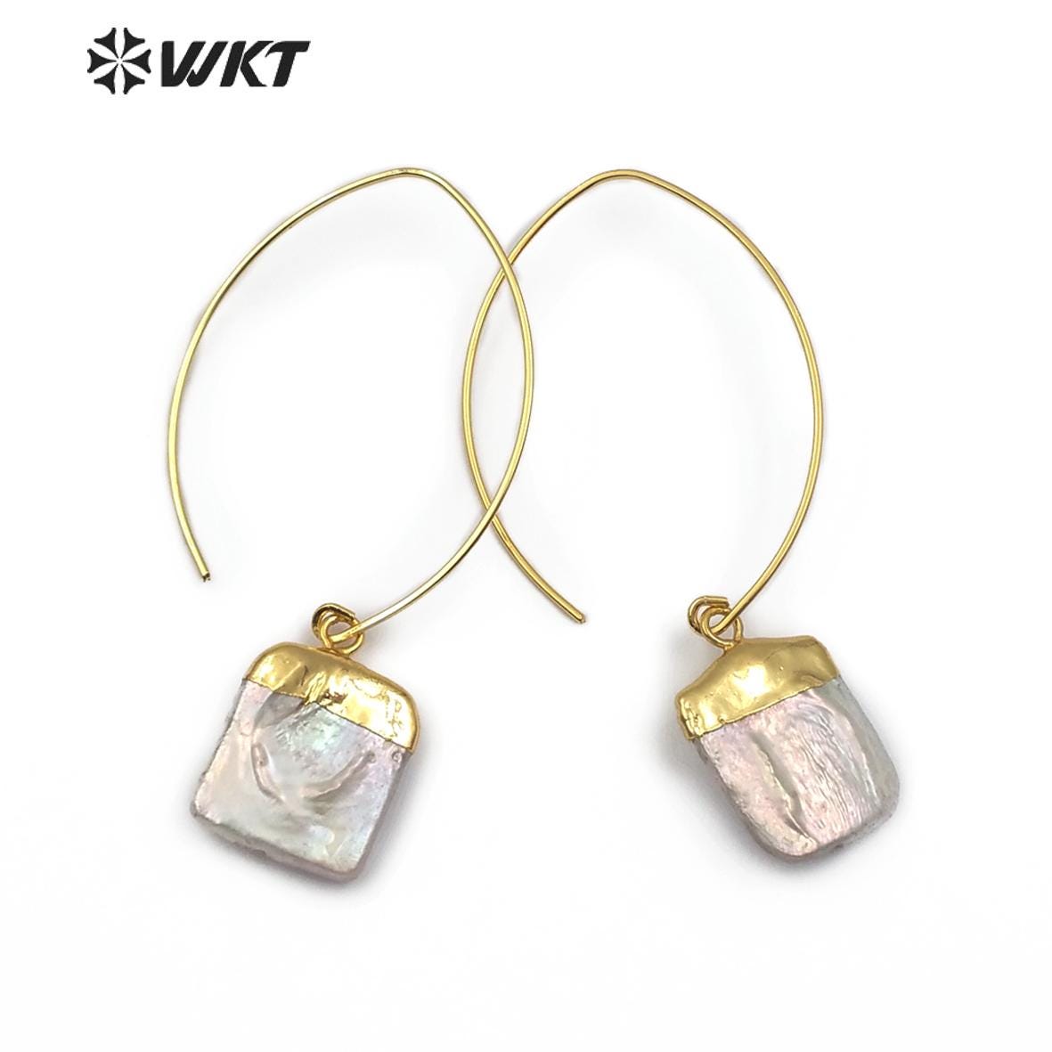 WT-E492 Natural Freshwater Pearl With Golden Embellished Square Shape Drape Charm Earrings Trendy Style