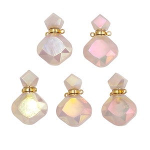 Newest design fashion gold plated double hoops handmade rose quartz stone perfume bottle necklace pendant, Aura pink quartz perfume bottle