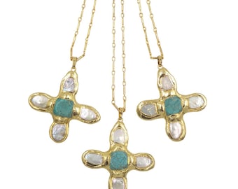 Turquoise & Pearl Cross Necklace: Fashion Trend Jewelry