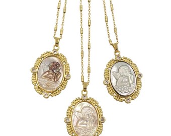 18K Gold Plated Angel Necklace: Handmade Shell Carved Religious Pendant