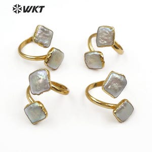Anillo ajustable de perla de agua dulce con doble rombo dorado: Bohemia Jewelry