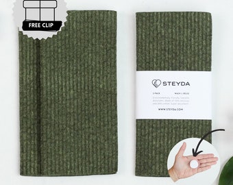 Swedish Dishcloths - Free Hanging Clip - Reusable Paper Towels - Sponge Cloth - 3 pack - Olive Green