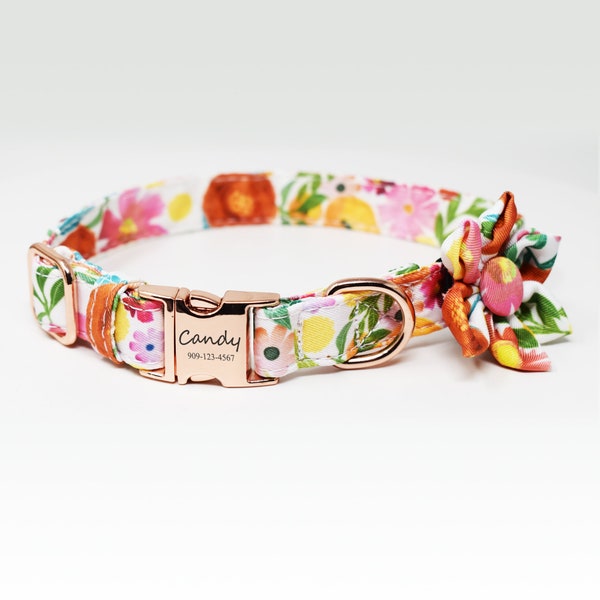 Personalized Dog Collar, Custom Engraved High Quality ID Dog Collar, Floral Dog Collar, gift for dog, Collar with flower, female dog Collar